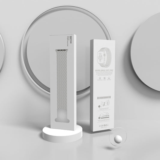 Braided elastic single-ring watchband packaging box in white, designed for Apple watchband.