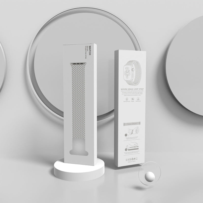 Braided elastic single-ring watchband packaging box in white, designed for Apple watchband.