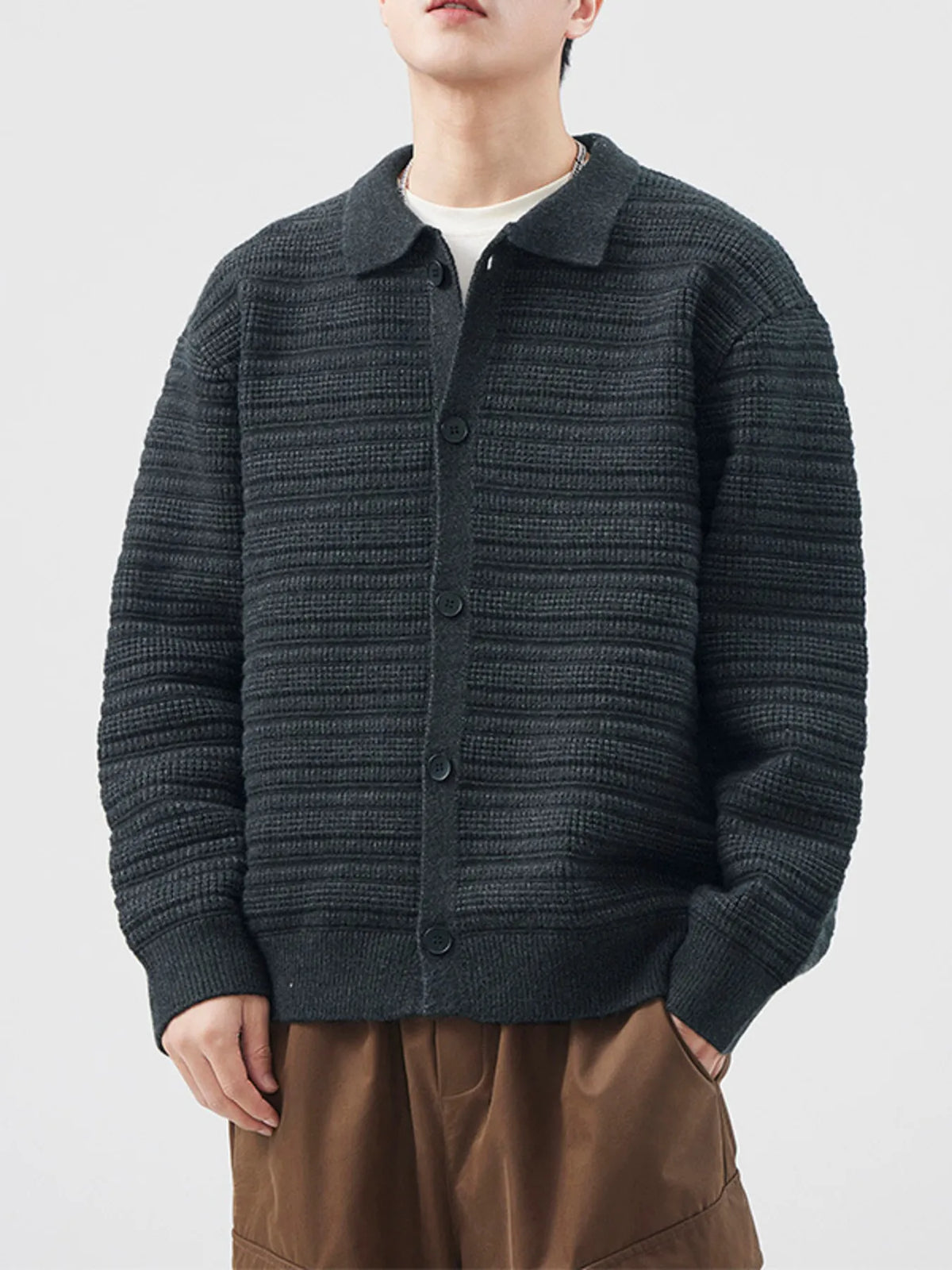 Men's plus size button up ribbed long sleeve cardigan in dark gray