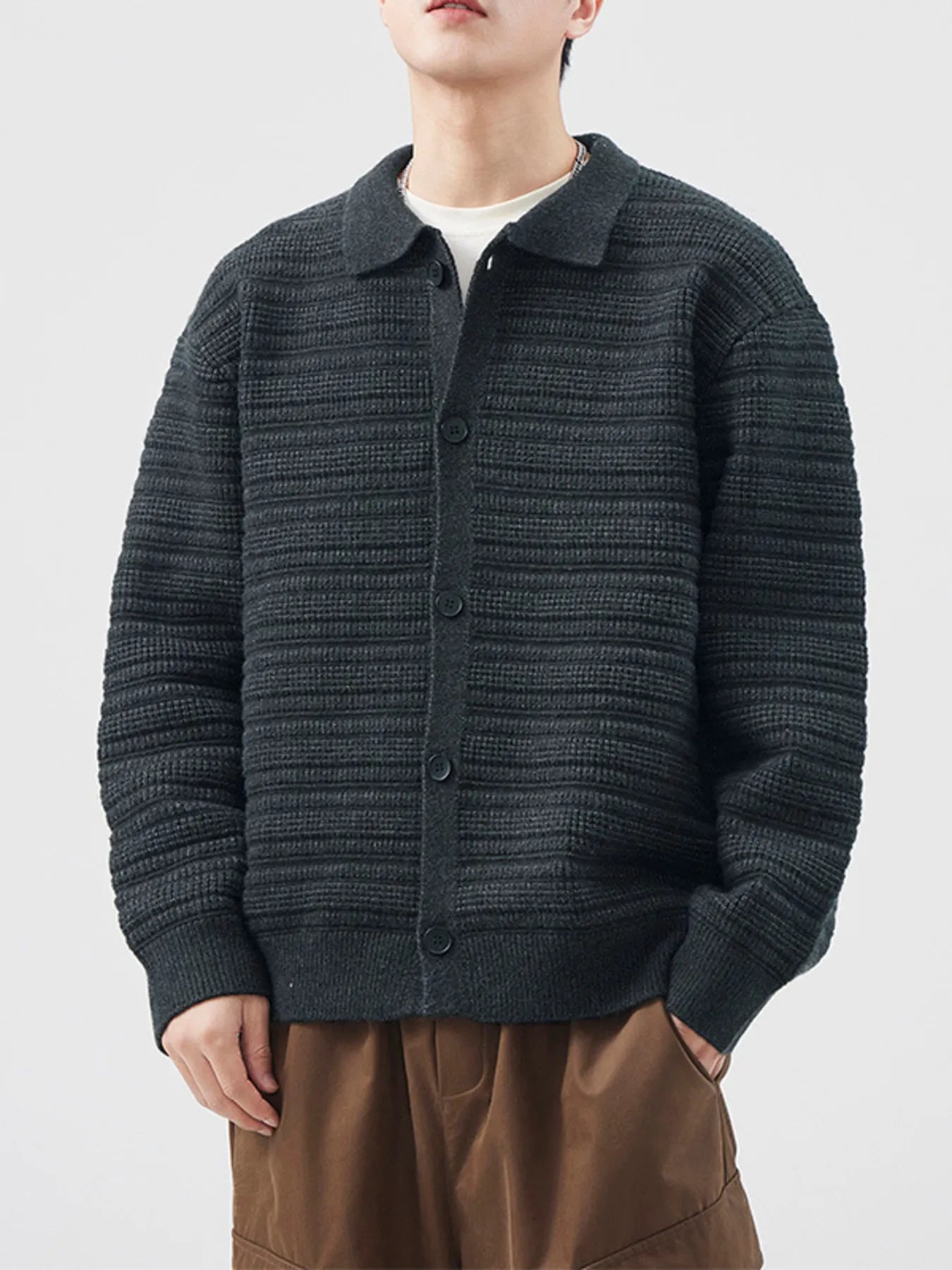 Men's plus size button up ribbed long sleeve cardigan in dark gray