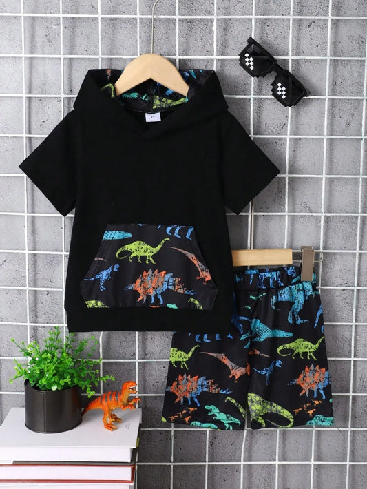 Children's dinosaur short sleeve hooded top and pants set with pocketed hoodie and colorful dinosaur print shorts
