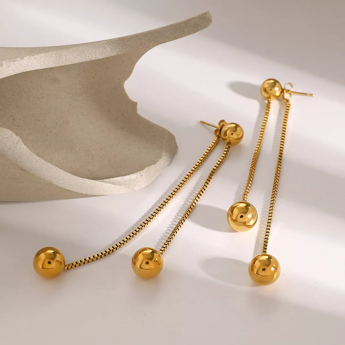 18K gold-plated ball drop earrings with stainless steel chains and stud backs
