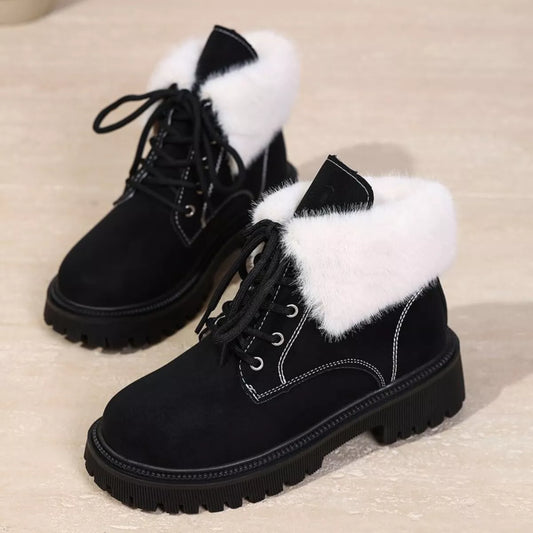 Black lace up round toe block heel boots with white fluffy collar and rubber sole