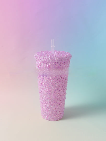 Stick-on Crystals Double-layer Large Capacity Cup With Straw