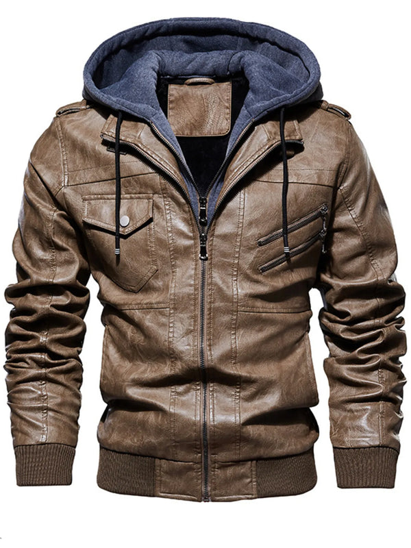 Men's plus size zip up hooded jacket in brown faux leather with drawstring hood and multiple pockets
