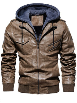Men's plus size zip up hooded jacket in brown faux leather with drawstring hood and multiple pockets