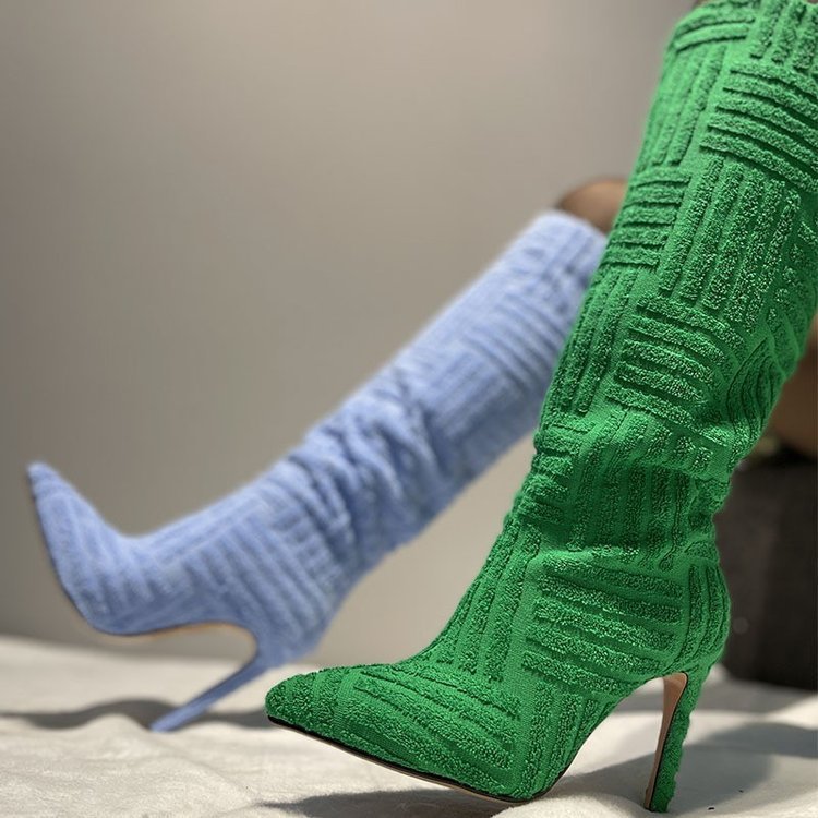 Plus size sexy pointed toe thermal towel boots with stiletto heels, featuring cotton lining and rubber soles in green and blue.