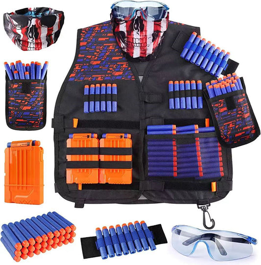 Tactical vest kit for outdoor shooting with accessories including mask, glasses, and toy darts.