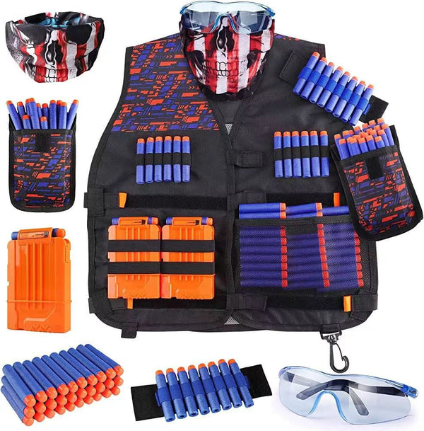 Tactical vest kit for outdoor shooting with accessories including mask, glasses, and toy darts.