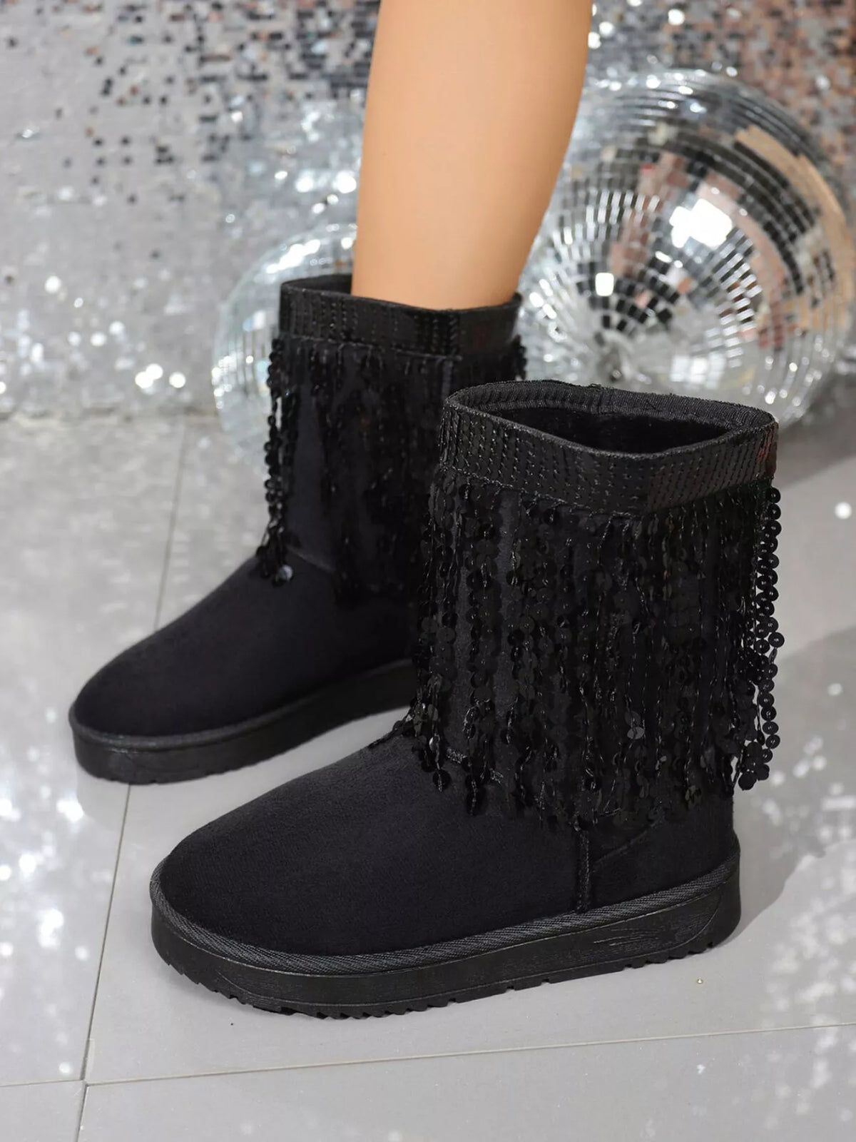 Black sequin fringe suede boots with low heels and rubber soles for winter wear