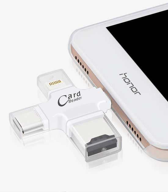 Four-in-one multi-function mobile phone card reader connected to smartphone