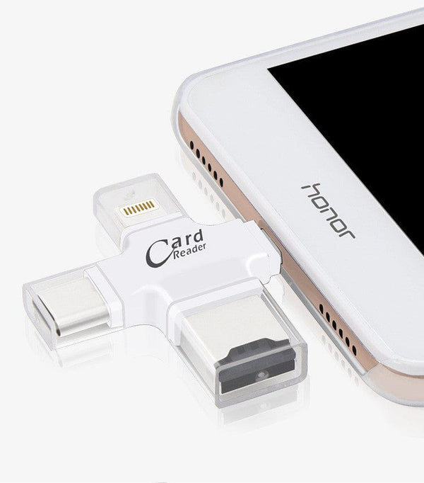 Four-in-one multi-function mobile phone card reader connected to smartphone