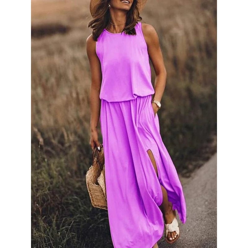 Round Neck Sleeveless Split Solid Color Dress