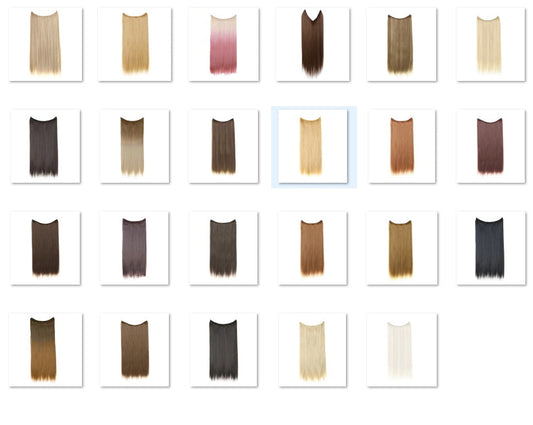 Women's one-piece multi-color gradient hair extensions on display.