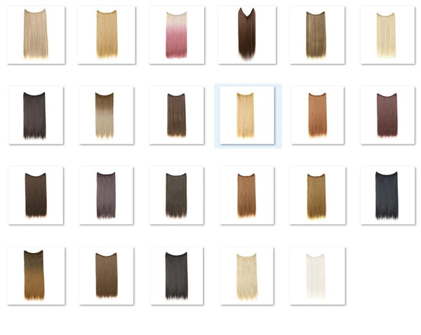 Women's one-piece multi-color gradient hair extensions on display.