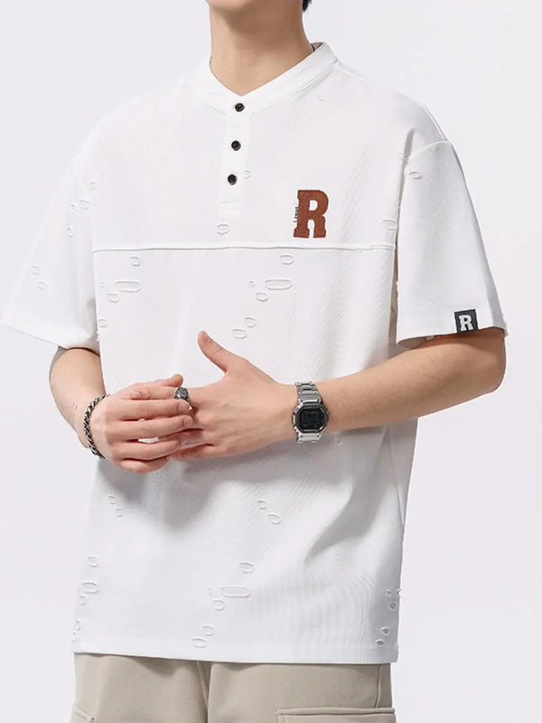 Men's plus size button detail white short sleeve T-shirt with ribbed fabric and slight stretch
