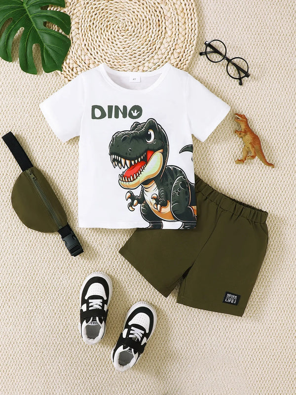Children's Dinosaur themed round neck top and green pants set with crossbody bag and accessories.