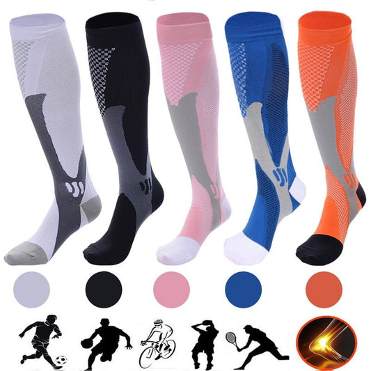 Compression socks for men and women in various colors for running, travel, and recovery, improving circulation and stamina.