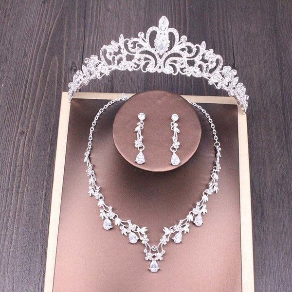 Bridal rhinestone crown necklace set with earrings, electroplated alloy, perfect for weddings.