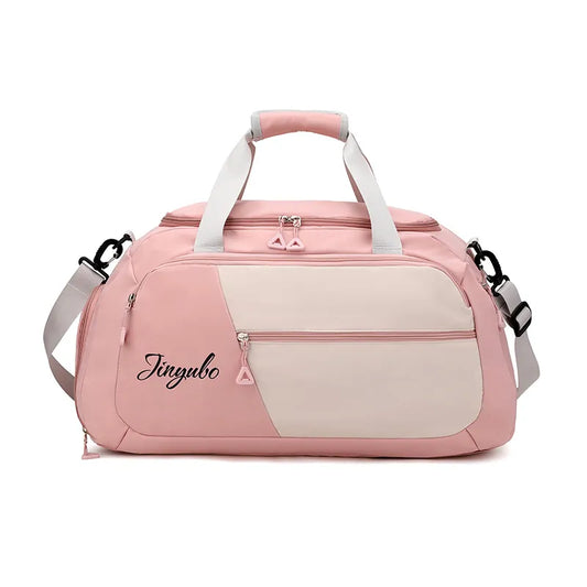 Large pink and beige contrast nylon travel bag with dual handles and detachable shoulder strap