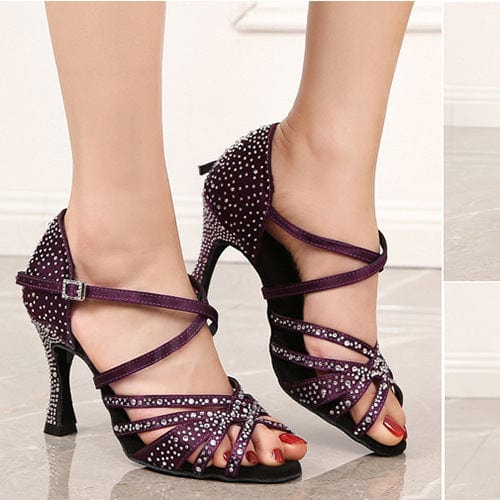 Women's purple silk Latin dance performance shoes with rhinestone embellishments and strappy design.
