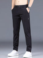 Men's slim fit casual black polyester pants with pockets and machine washable design