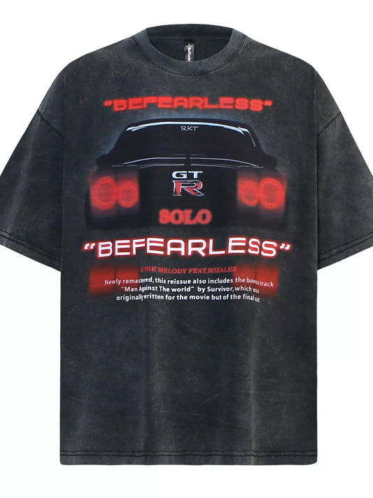 Men's graphic round neck short sleeve t-shirt with washed, basic style and slight stretch, made of 95% cotton and 5% spandex.