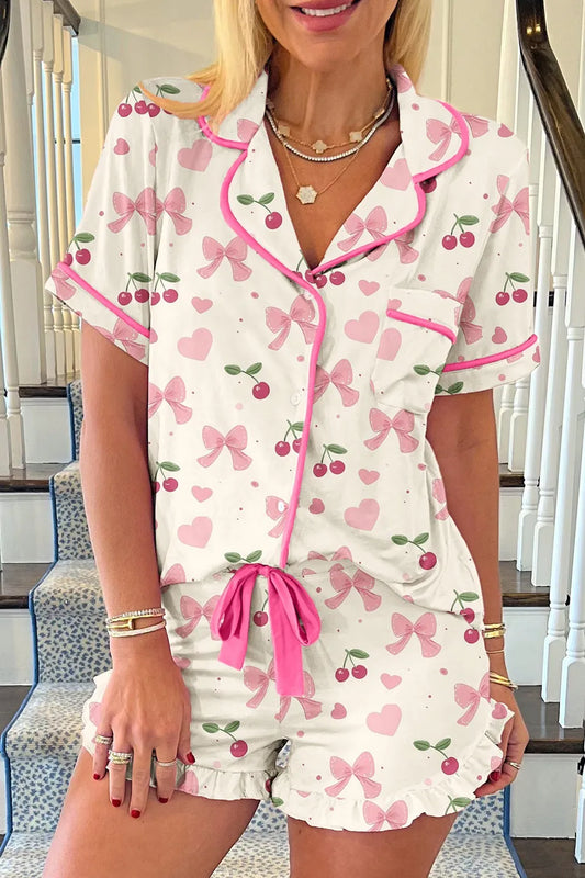 Printed button up short sleeve top and shorts lounge set with pink bows and cherries pattern
