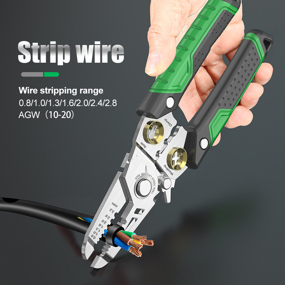 Multifunctional stainless steel wire stripper with green handle, featuring 7-in-1 design for optical fiber work.