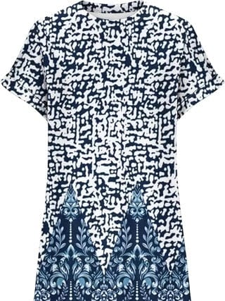 Short sleeve printed pocket dress with geometric pattern, mid-length A-line skirt, and round neck.
