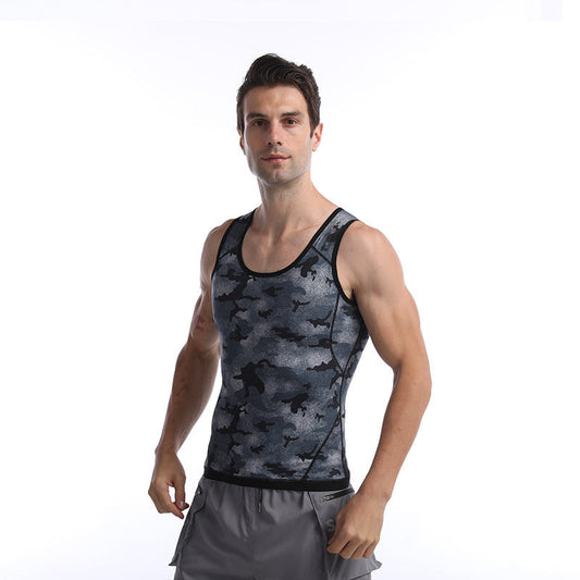 Men's camouflage sports fitness corset vest worn by a model.