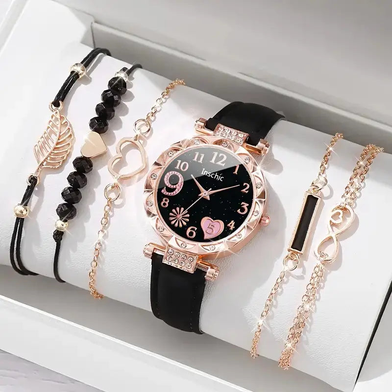 Women’s Diamond Dial Belt Quartz Watch Beaded Bracelet Suit