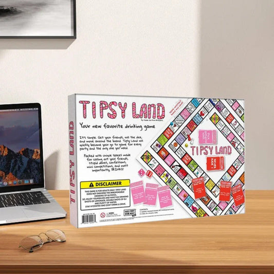 Funny Drinking Party Game Board Toy on desk with colorful board and card design.