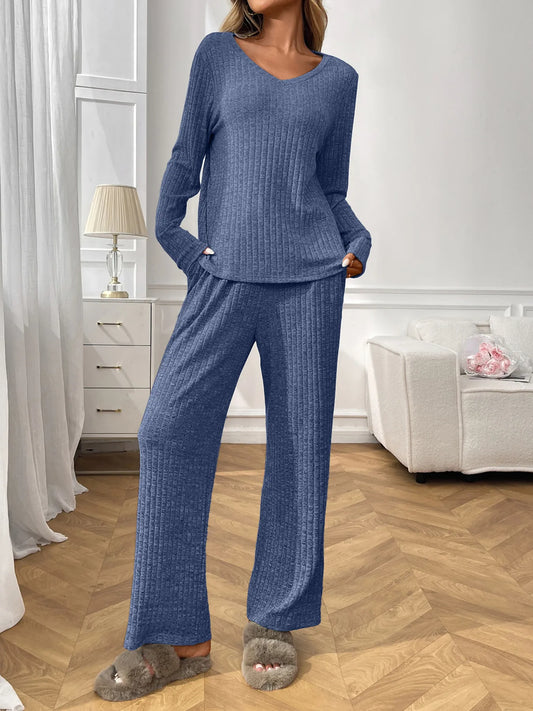 Blue ribbed long sleeve top and pants lounge set with drawstring and slightly stretchy fabric
