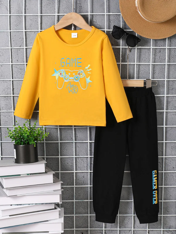 Kids graphic round neck long sleeve yellow top with game controller print and black pants set