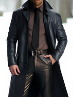 Men's full size button up long sleeve thick black leather jacket with belt and double-breasted design