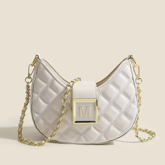 High-end new fashion rhombus chain messenger bag in beige with PU material.