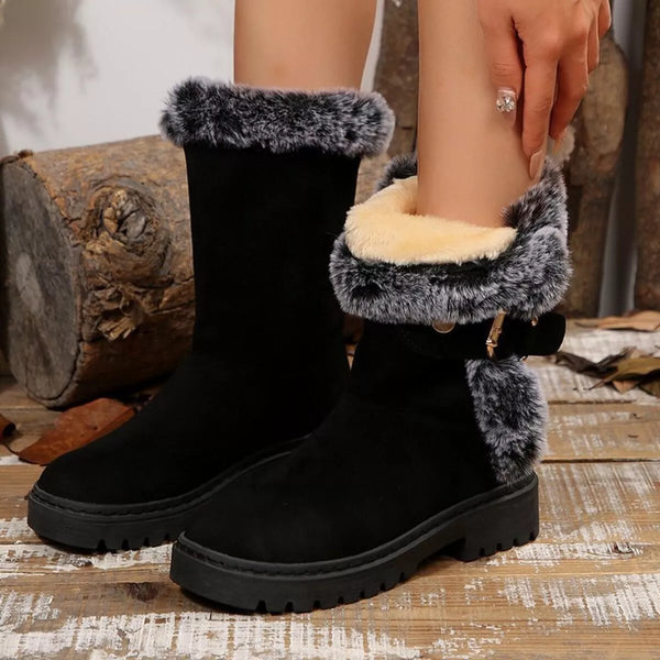 Black round toe platform block heels boots with fur lining and mid heels made of PU leather and rubber