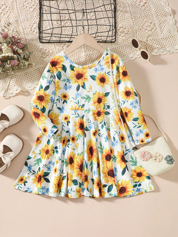 Kids sunflower print round neck long sleeve dress in cotton blend fabric