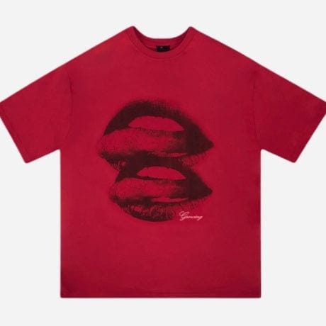 Fashion men's printed short sleeve top in red with lip design.