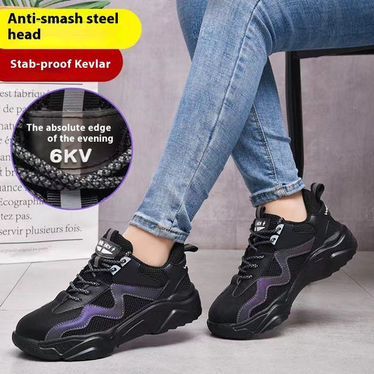 Fashionable black women's safety shoes with anti-smash steel toe, stab-proof Kevlar, comfortable flying weave material, and rubber sole.
