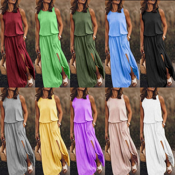 Round Neck Sleeveless Split Solid Color Dress