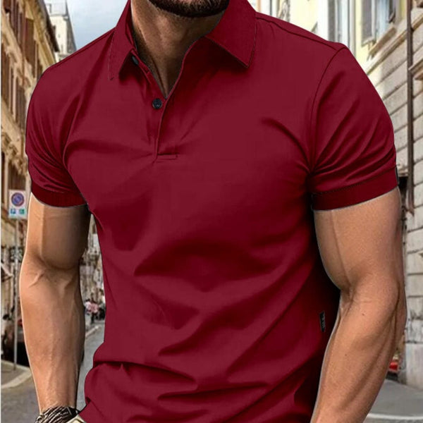 Men's new summer solid color slim short-sleeved top in wine red.