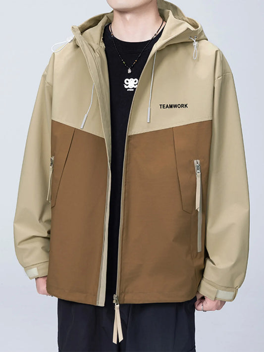 Men's full size contrast zip up long sleeve jacket with pockets in beige and brown