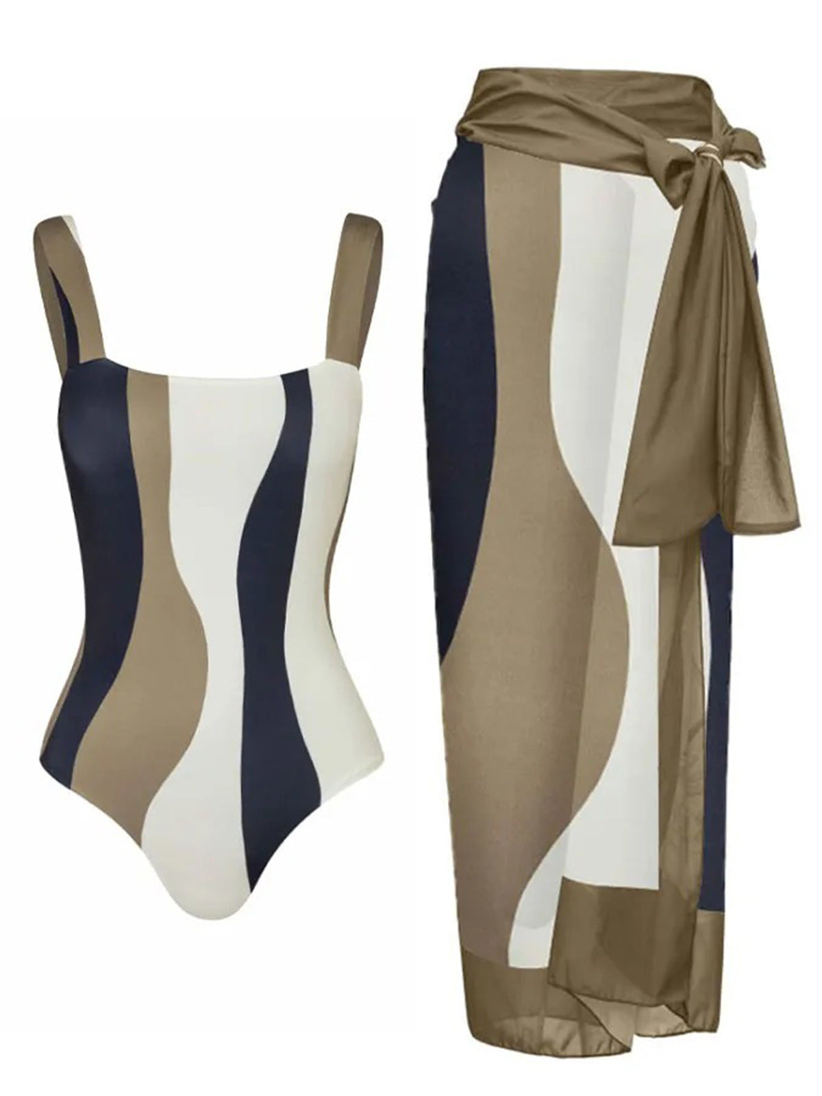 Siamese conservative belly covering striped one-piece swimsuit with matching gauze skirt.