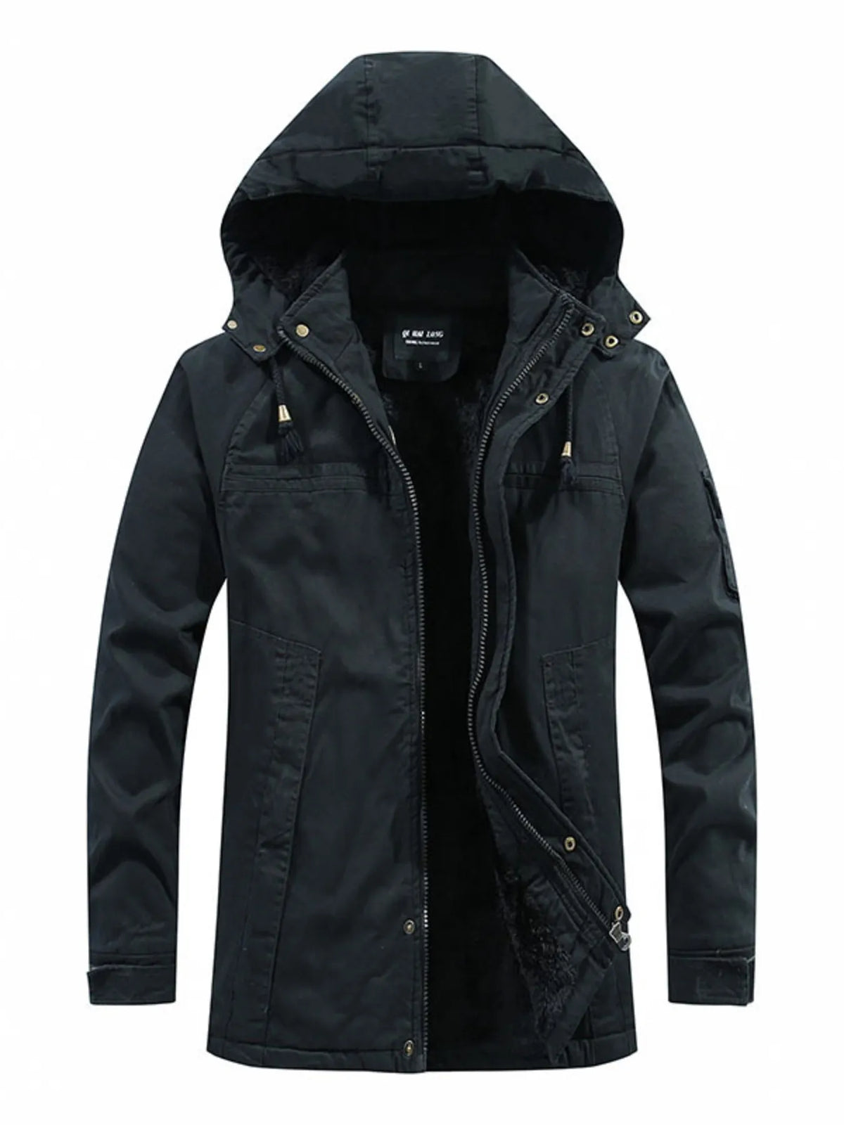 Men's plus size black cotton drawstring zip up hooded jacket with pockets