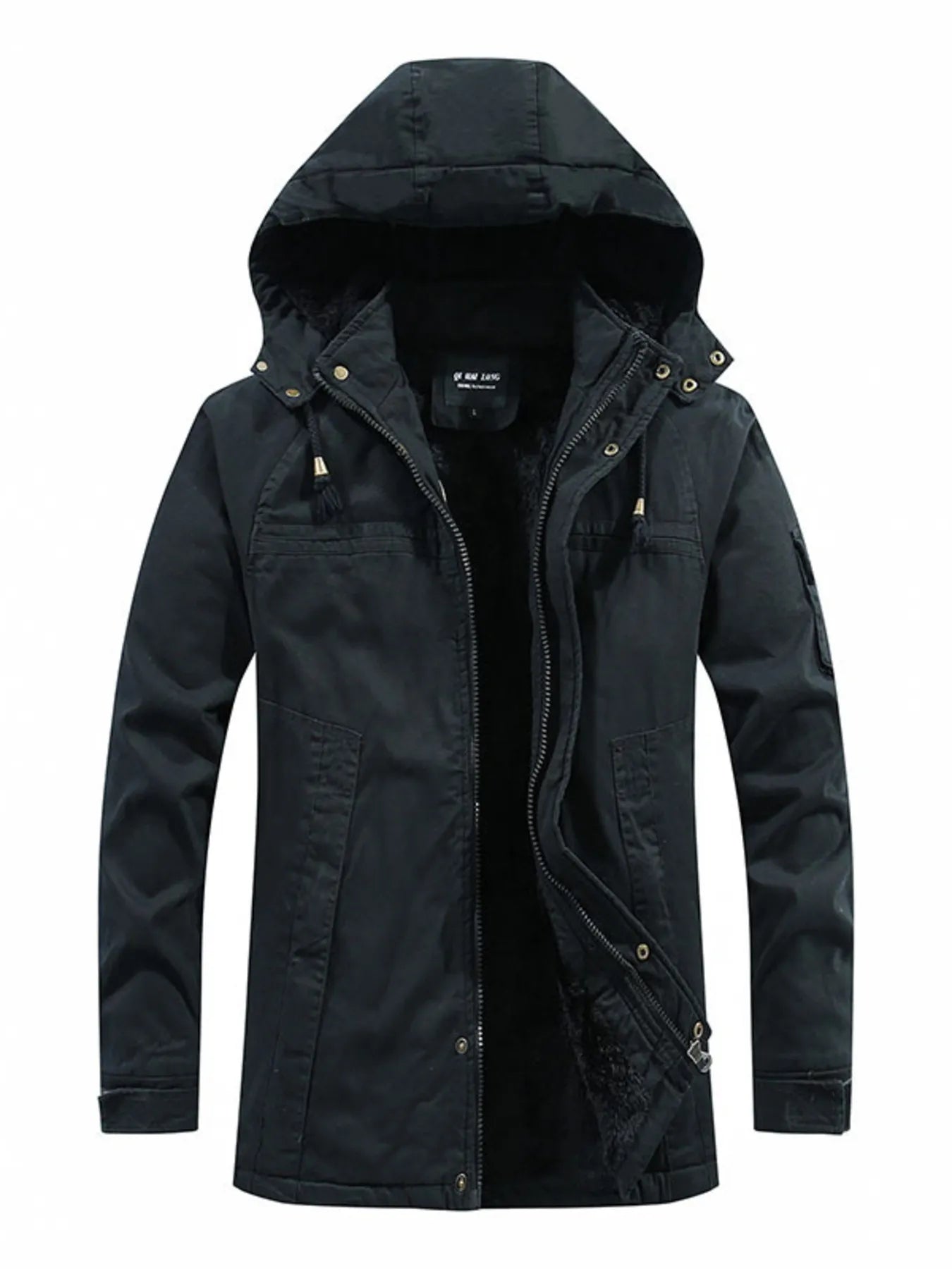 Men's plus size black cotton drawstring zip up hooded jacket with pockets