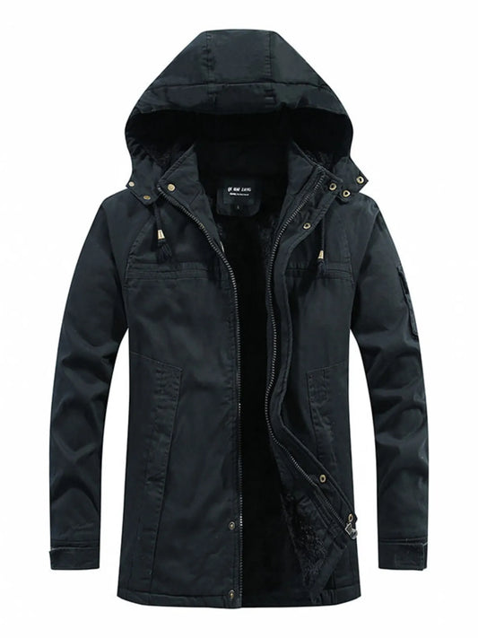 Men's plus size black cotton drawstring zip up hooded jacket with pockets