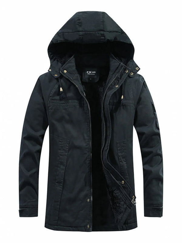 Men's plus size black cotton drawstring zip up hooded jacket with pockets