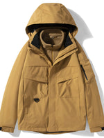 Men's plus size zip up long sleeve hooded jacket in tan with pockets and zipper closure